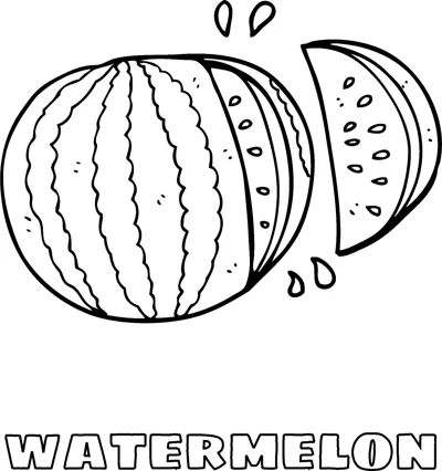 A striped whole watermelon beside two cut slices above the word WATERMELON in hollow letters.