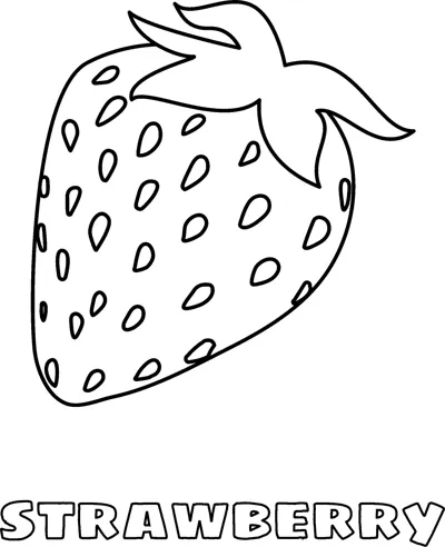 A large strawberry with seeds and a leafy top above the word STRAWBERRY in hollow letters.