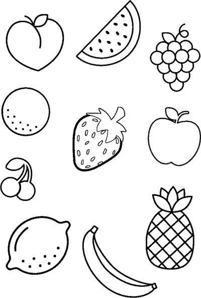 Small drawings of a peach, watermelon slice, grapes, orange, strawberry, apple, cherries, lemon, banana and pineapple.