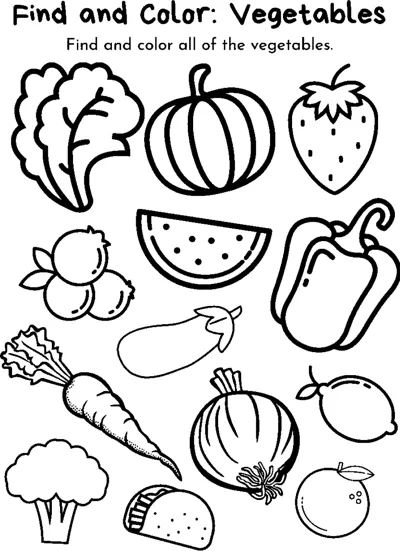 A worksheet with lettuce, pumpkin, strawberry, watermelon, bell pepper, carrot, eggplant, broccoli and more to sort.