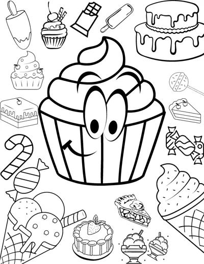 A big cartoon cupcake with a face is surrounded by cakes, ice creams, candies and lollipops.