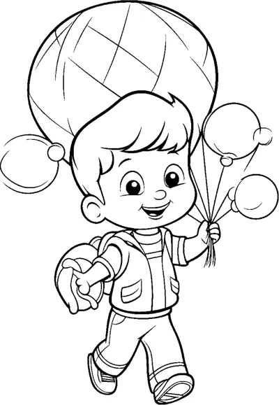 A smiling boy walks along holding a bunch of balloons in one hand and a small gift in the other.