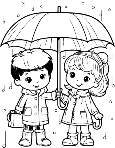 A boy and a girl in raincoats stand together under one umbrella as raindrops fall.