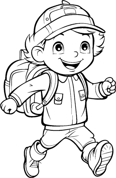 A smiling boy wearing a cap and backpack strides forward with one arm swinging.
