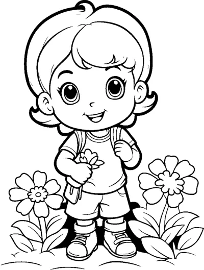 A big-eyed girl in shorts holds a small flower while standing between two large blooms.