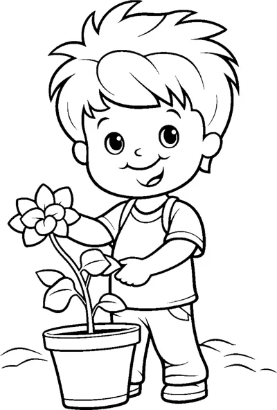A boy with spiky hair reaches toward a flowering plant growing in a large pot.