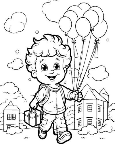 A curly haired boy carries a bunch of balloons and a bag past houses and clouds.