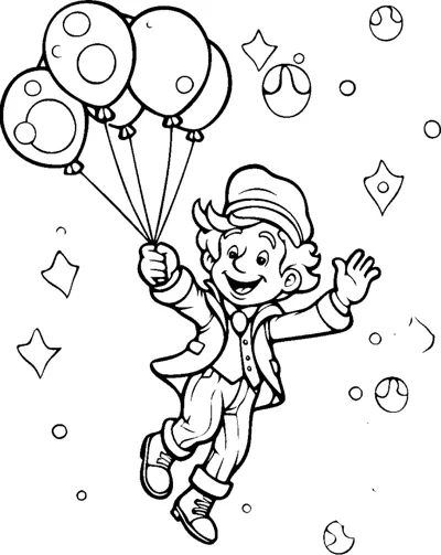 A boy in a hat floats in the air holding balloons, surrounded by stars and bubbles.