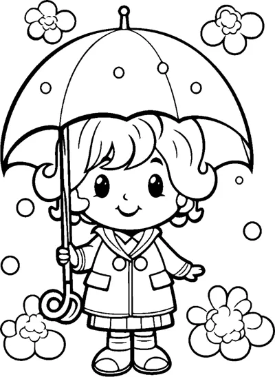 A girl in a raincoat holds a polka dot umbrella with flowers and dots around her.