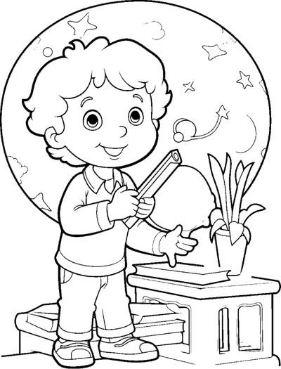 A curly haired boy holds a pencil at a desk with a pencil jar, inside a round frame of stars.