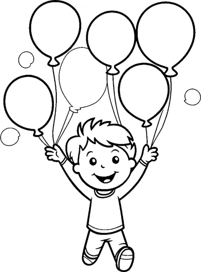 A happy boy raises both arms holding five large balloons above his head.