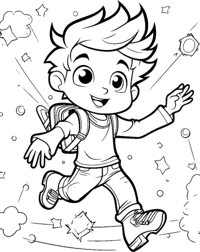 A spiky haired boy with a backpack runs with arms out, surrounded by stars and motion lines.