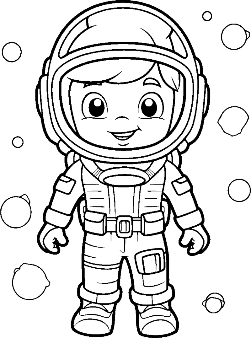 A smiling child in a full spacesuit and round helmet stands with bubbles floating around.