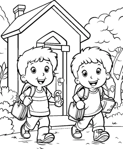 Two boys with school bags walk away from a house with a numbered door and garden.