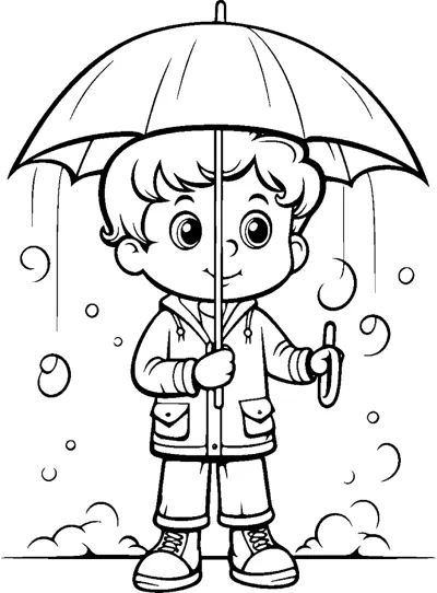 A boy in a raincoat and boots holds a large umbrella as raindrops and bubbles fall around him.