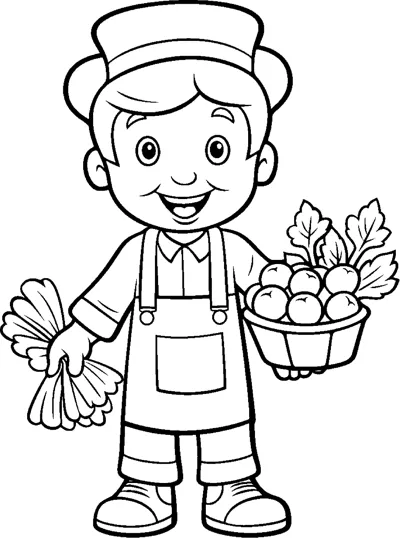 A boy in a cap and overalls holds a basket of vegetables and a bunch of carrots.
