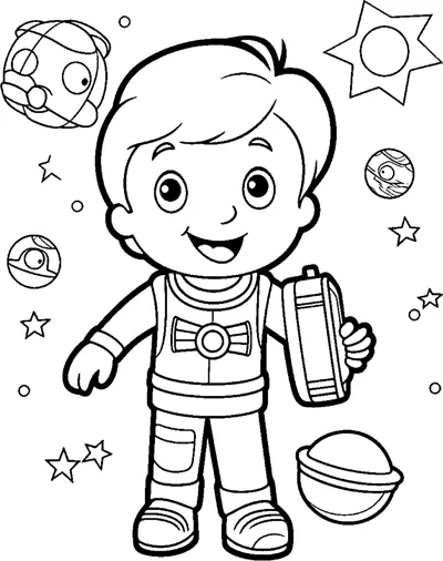 A boy in a spacesuit holds his helmet while planets and stars float around him.