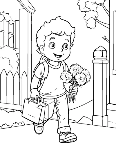 A boy with a backpack carries a bunch of flowers and a bag past a fence and lamp post.