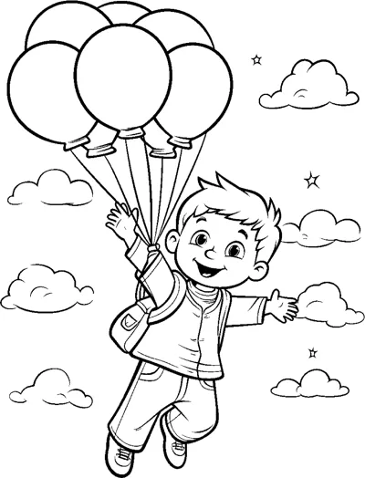 A boy floats up among clouds while holding a bunch of balloons above him.