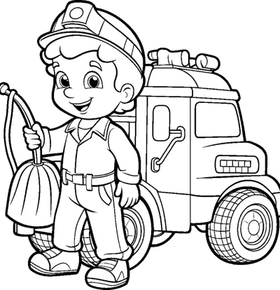 A boy in a firefighter helmet holds a hose in front of a fire truck.