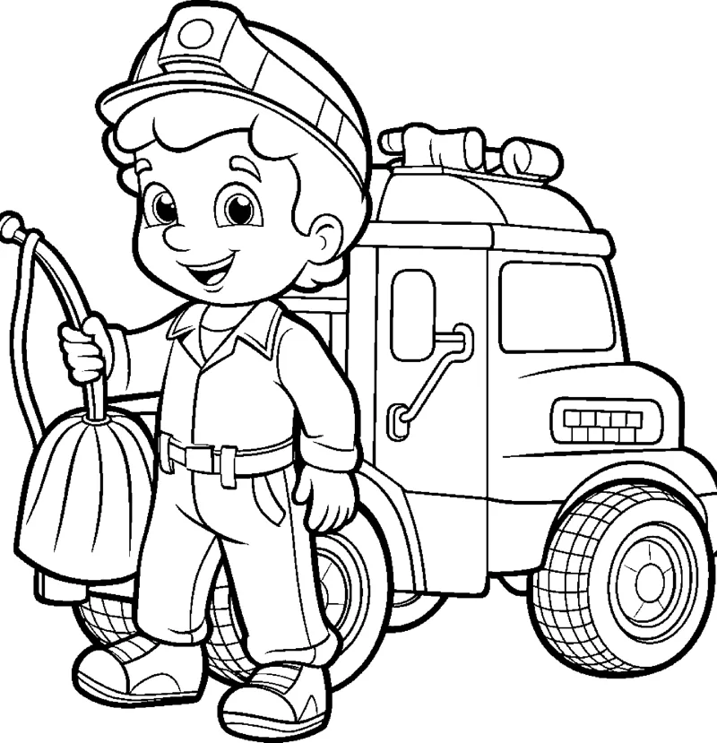 A boy in a firefighter helmet holds a hose in front of a fire truck.