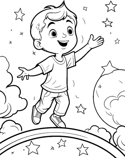 A boy leaps with arms spread over a rainbow while stars and clouds surround him.