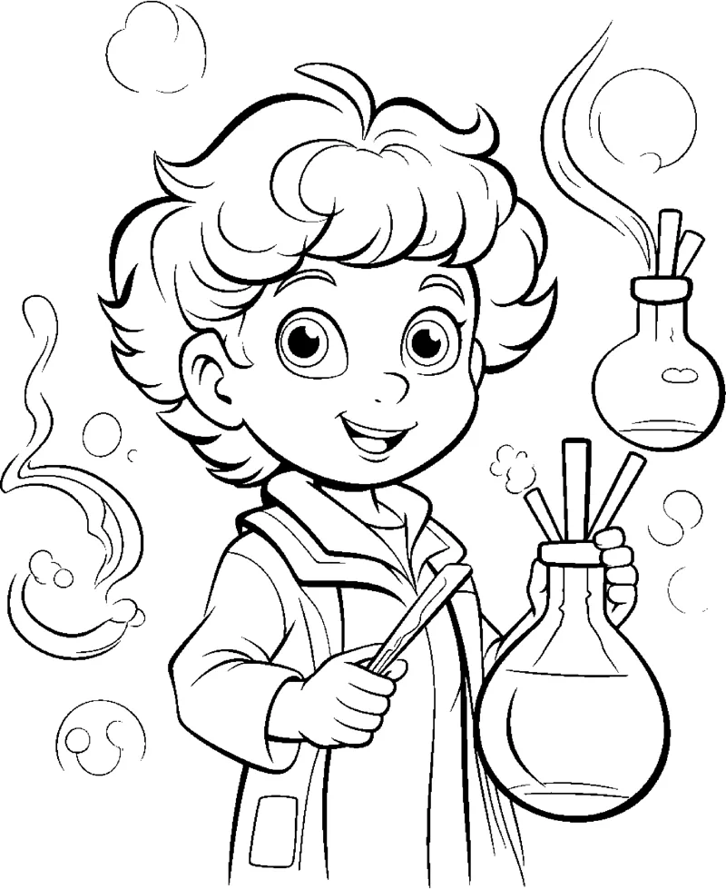 A curly haired boy in a lab coat holds a flask while smoke rises from bottles.