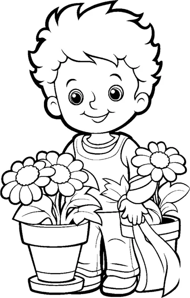 A spiky haired boy stands behind two flower pots full of daisies.