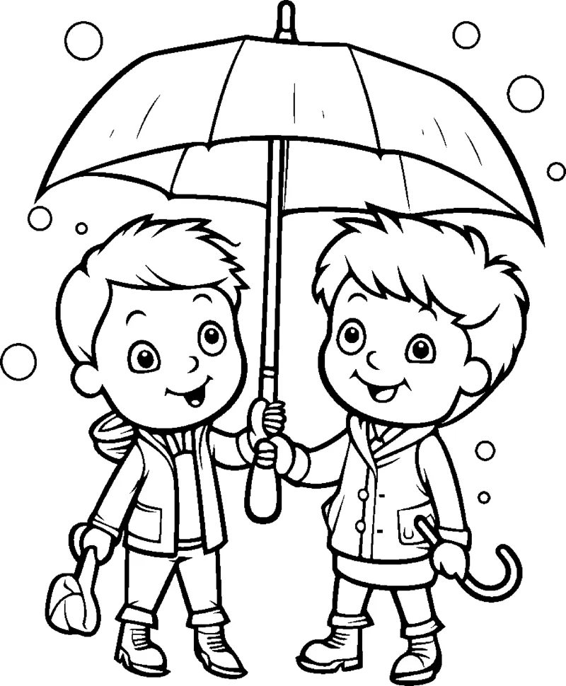 Two boys in coats and boots stand together under one umbrella as rain falls.