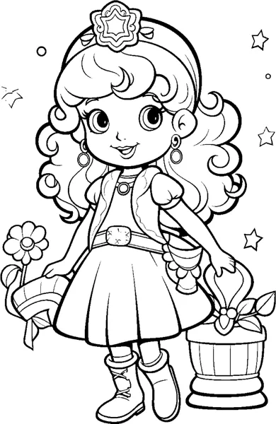 A curly haired girl wearing a tiara and dress holds a flower beside a basket of blooms.