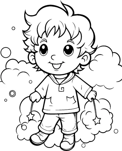 A big-eyed boy with messy hair stands surrounded by fluffy clouds and bubbles.