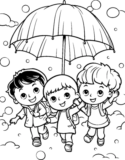 Three small children walk together beneath one large umbrella as bubbles fall.