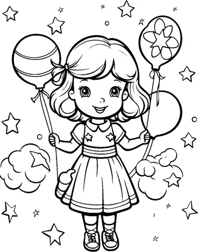 A girl in a dress with a hair bow holds two balloons as stars and clouds surround her.