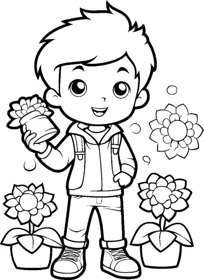 A boy holds a bouquet while standing between flower pots and large blooms.