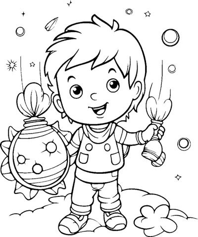 A smiling boy holds a big patterned egg in one hand and a wrapped candy in the other.
