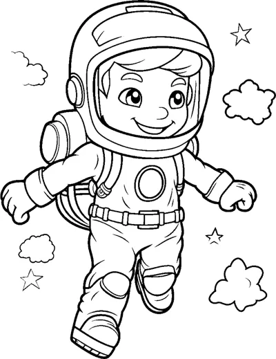 A boy in a spacesuit and helmet walks forward with clouds and stars around him.
