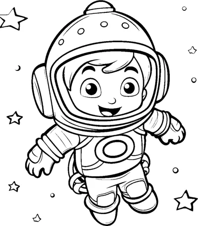 A boy in a spacesuit floats with arms out among stars and a small moon.