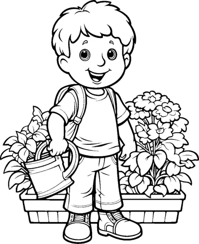 A boy holds a watering can beside a long planter box full of leafy flowers.