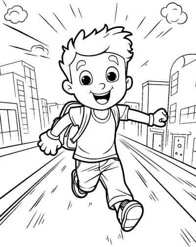 A boy with a backpack runs down a street with tall buildings on both sides.