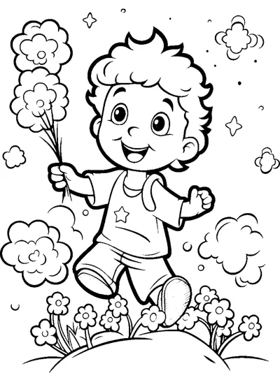 A curly-haired boy holds flowers while skipping through a meadow full of blooms and clouds.