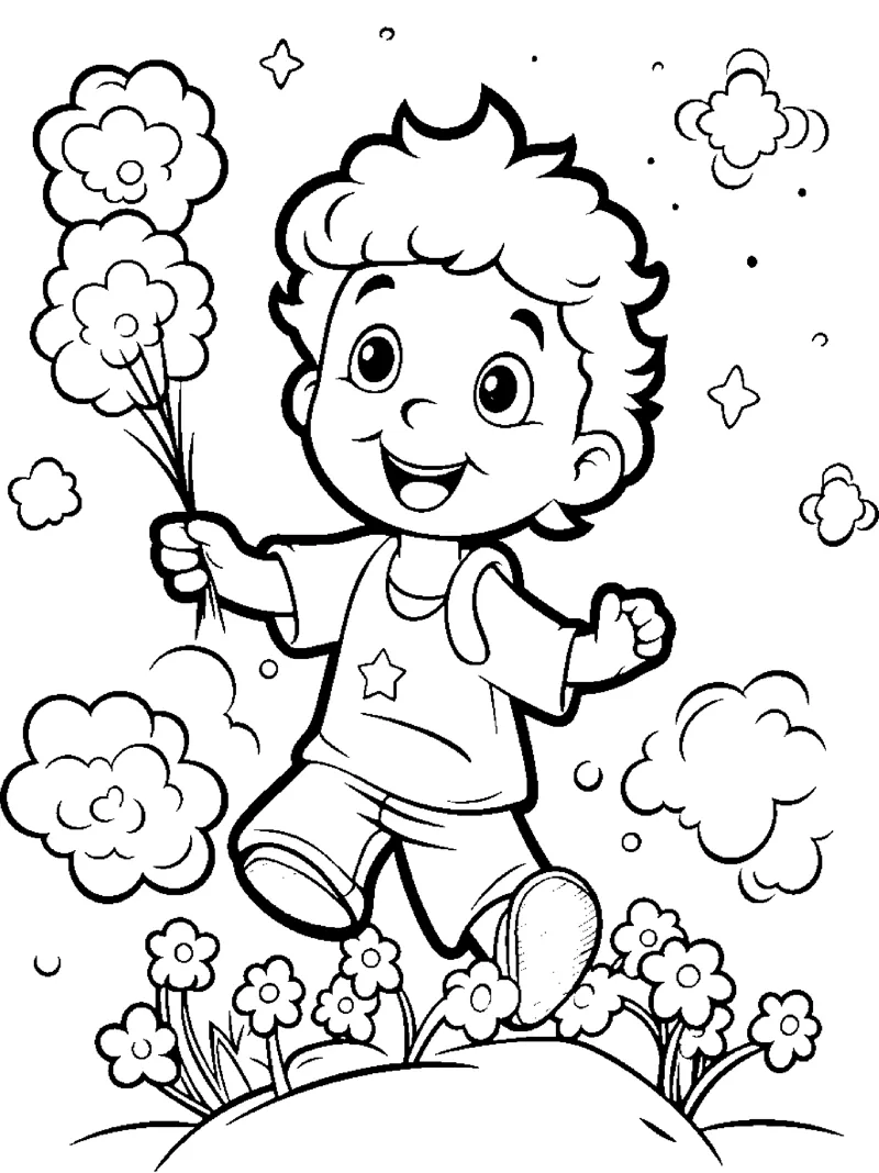 A curly-haired boy holds flowers while skipping through a meadow full of blooms and clouds.
