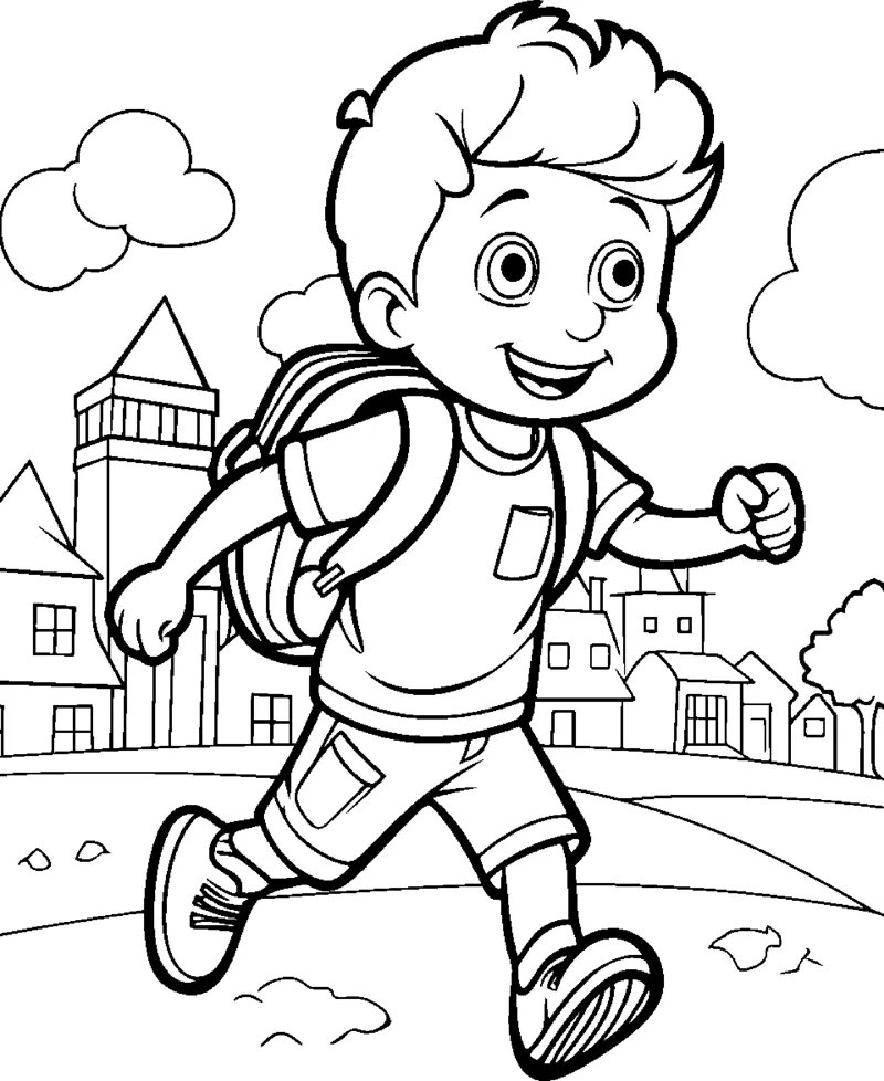 A boy wearing a backpack walks along a path with houses and clouds behind him.