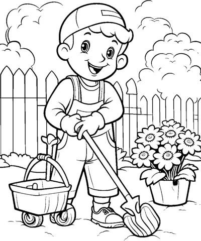 A boy in a cap and overalls digs with a shovel near a bucket, flowers, and a fence.