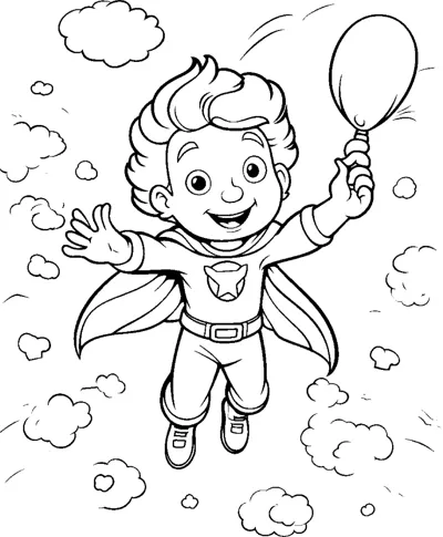 A caped boy flies through clouds holding a single balloon in one hand.