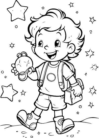 A curly-haired boy with a backpack holds a small clock while stars twinkle around him.