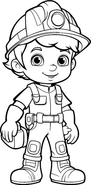 A boy wearing a hard hat and tool belt stands with a hammer at his side.