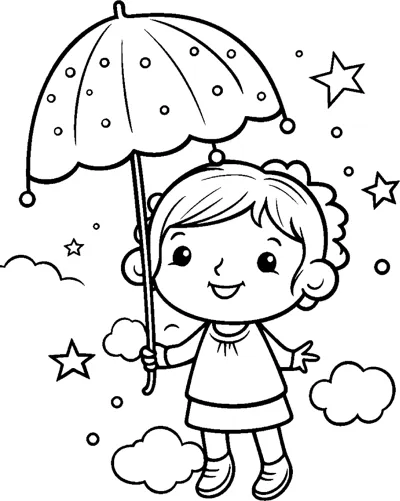 A small girl holds a spotted umbrella while stars and clouds float around her.