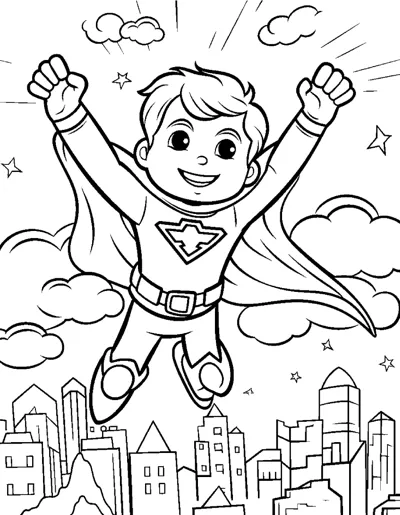 A caped boy flies with arms raised above a city skyline and clouds.