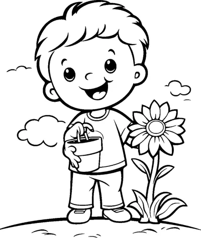 A smiling boy holds a small gift box next to a tall sunflower under clouds.