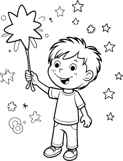 A freckled boy raises a star-topped wand while small stars float around him.
